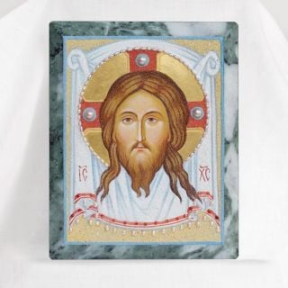 stone marble icon of Christ not made by hand with pearls