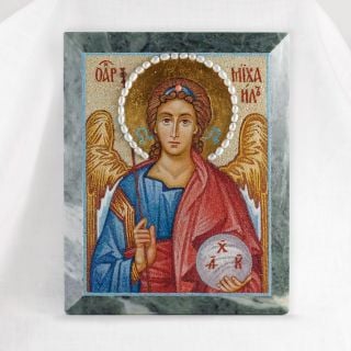 handmade from grounded semi-precious stones icon of saint Michel the Archangel