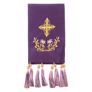 purple bookmark with embroidered cross and lilies with handmade tassels