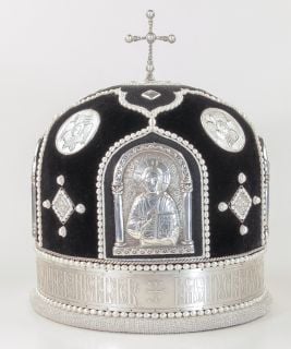 green velvet mitre with icons and pearls