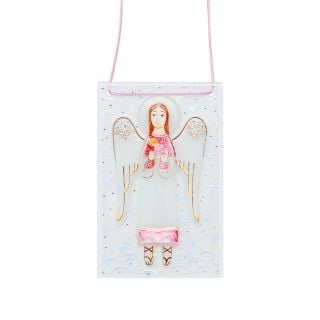 hand-painted glass panel with an angel with a candle
