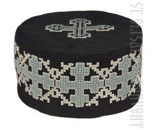 black linen skufia decorated with embroidery