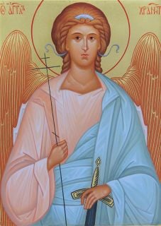 icon of Guardian Angel painted with acrylic paints 