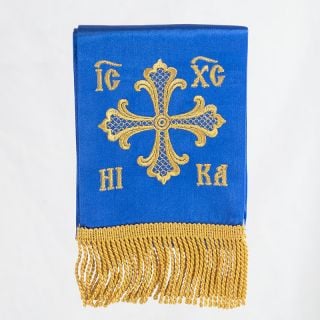 blue bookmark for the holy gospel with a golden embroidery and fringe