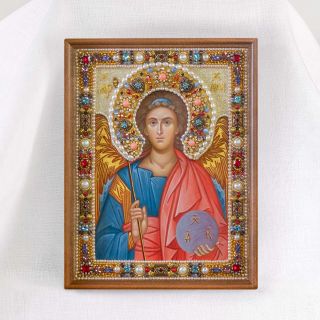 hand-painted icon of the archangel Michael with velvet Riza