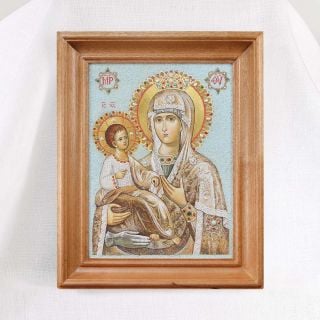 icon of semi-precious stones of the Mother of God “Of the Three Hands” with pearls and golden layer