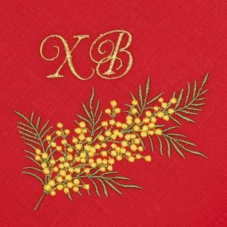 red Table napkin with embroidered mimosa