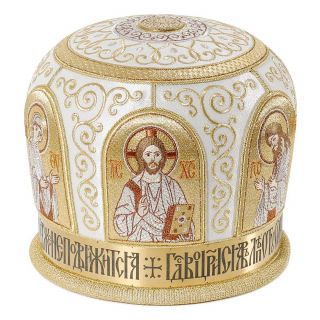 handmade mitre with embroidery and icons Medallions with prayer laser graved