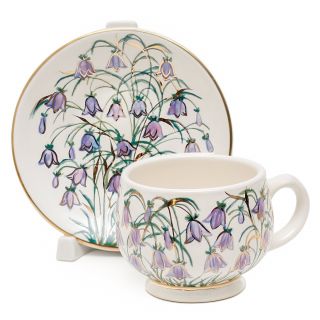 handpainted coffee and saucer set with bluebells and gold elements