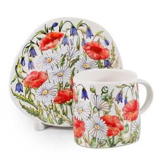 hand-painted ceramic cup and saucer set painted with poppies, chamomiles and bluebells