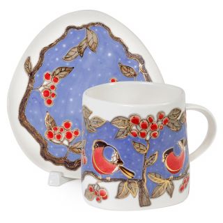 Cup and Saucer Set with Bullfinches on Rowan Branch