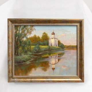 vertical oil painting with a church