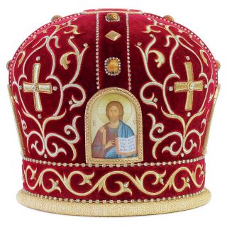 green velvet mitre with lacquered icons
