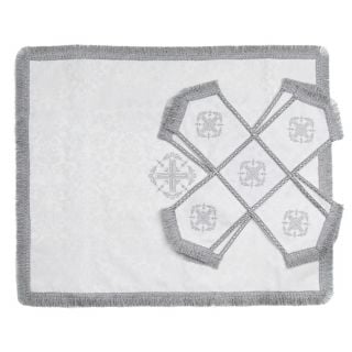 white embroidered chalice covers and veil with embroidered crosses