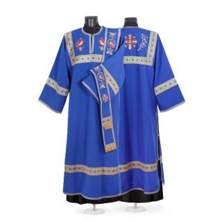 blue gabardine deacon vestment with embroidered birds and crosses