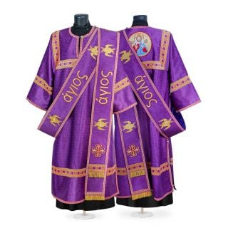 beautiful purple protodeacon vestment with medallion of Christ and golden galloon