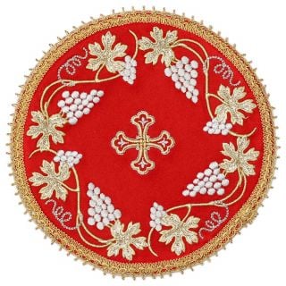 red silk Table Cross napkin with embroidred grapes and cross