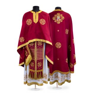 Greek-style priest vestment from gabardine with embroidered medallion of Jesus Christ and patterns