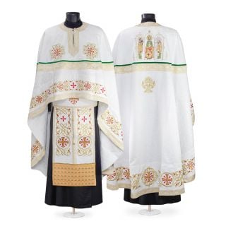 White Greek-style priest vestment with embroidery and sewn crosses
