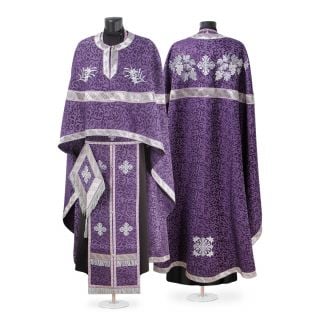 purple and silver Greek style vestment with embroidered grapes and lilies and crosses