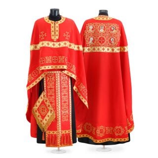 red gabardine Greek-style priest vestment with Paschal embroidery with Saints