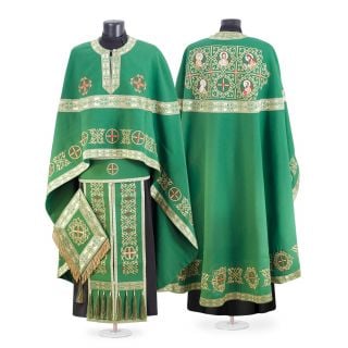 red gabardine Greek-style priest vestment with Paschal embroidery with Saints