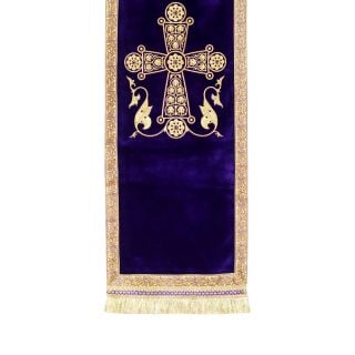 purple velvet analogion cover with embroidered cross and tassels