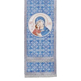 blue church silk analogion cover with medallion of the Theotokos