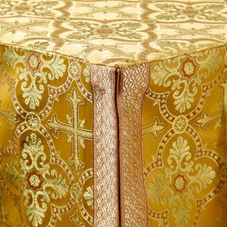 yellow brocade Holy Table Vestment with galloon and buttons