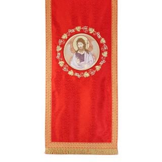 red silk analogion cover with sewn icon of the John the Baptist and grapes embroidery