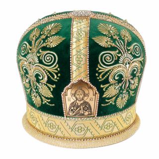 green velvet mitre with embroidery and galoon and blackened icons