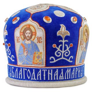 blue velvet mitre with sewn icon and patterns