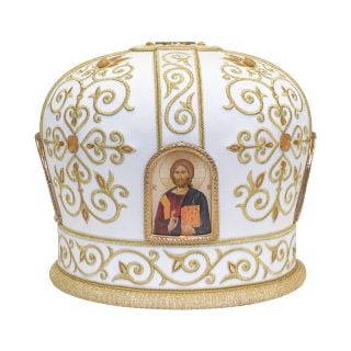wite mitre with lacquered icons and stones