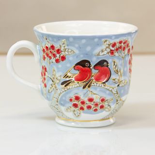 ceramic cup and saucer set with bullfinches and rowan
