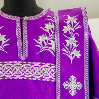purple deacon vestment with silver lilies embroidery 