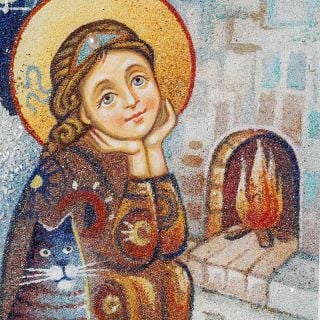 handmade picture of an angel with a cat by fireplace 