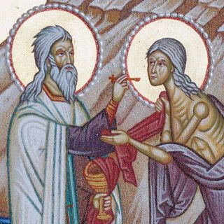 Saint Mary of Egypt & Saint Zosima of Palestine icon of grounded semi-precious stones