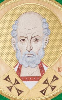 Orthodox liturgical banner with an embroidered icon of St Nicholas the Wonderworker