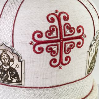 handmade white mitre with red embroidered icons