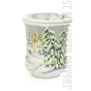 Handpainted Lid Mug with bullfinches on a spruce branches