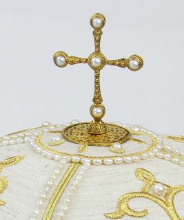 linen mitre with pearls and embroidery