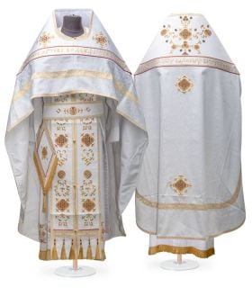 white brocade priest vestment with embroidery