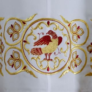 white light priest stichation with embroidered birds
