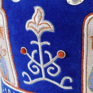 blue velvet mitre with sewn icon and patterns