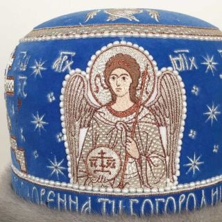 blue velvet handmade mitre with icons and embroidered pearls