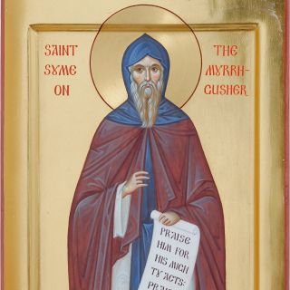 Venerable Simon the Myrrh-gusher of Mount Athos hand-painted icon with gold layer