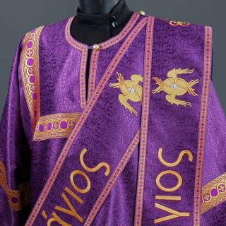beautiful purple protodeacon vestment with medallion of Christ and golden galloon