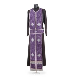 purple and silver Greek style vestment with embroidered grapes and lilies and crosses