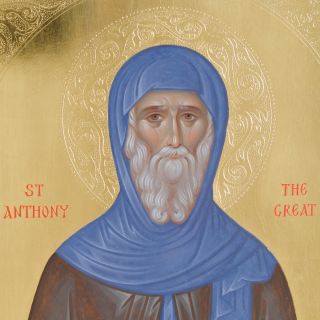 Anthony the Great hand-painted icon with graved patterns