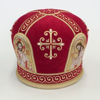 handmade mitre with embroidered pearls and stones and sewn icons